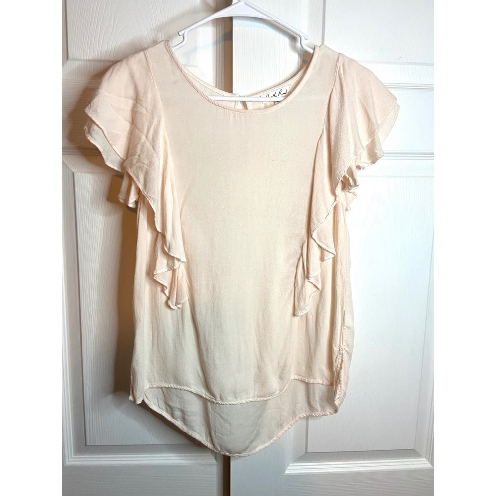 On The Road Peach Pink Ruffle Blouse Flutter Sleeve Rayon High Low Hem